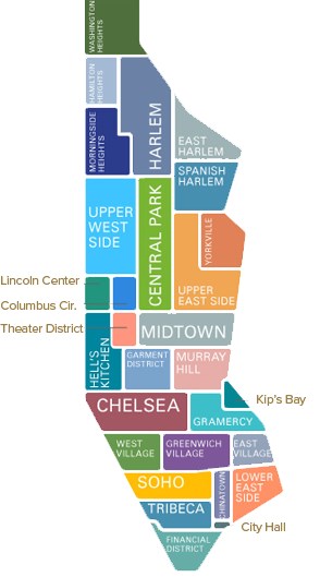 Схема деления Манхэттена на районы, Нью-Йорк, США.
