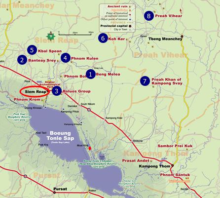 Схема расположения дальних храмов Ангкора, упомянутых в статье.