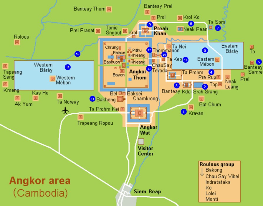 Схема расположения малых храмов на территории Ангкора.
