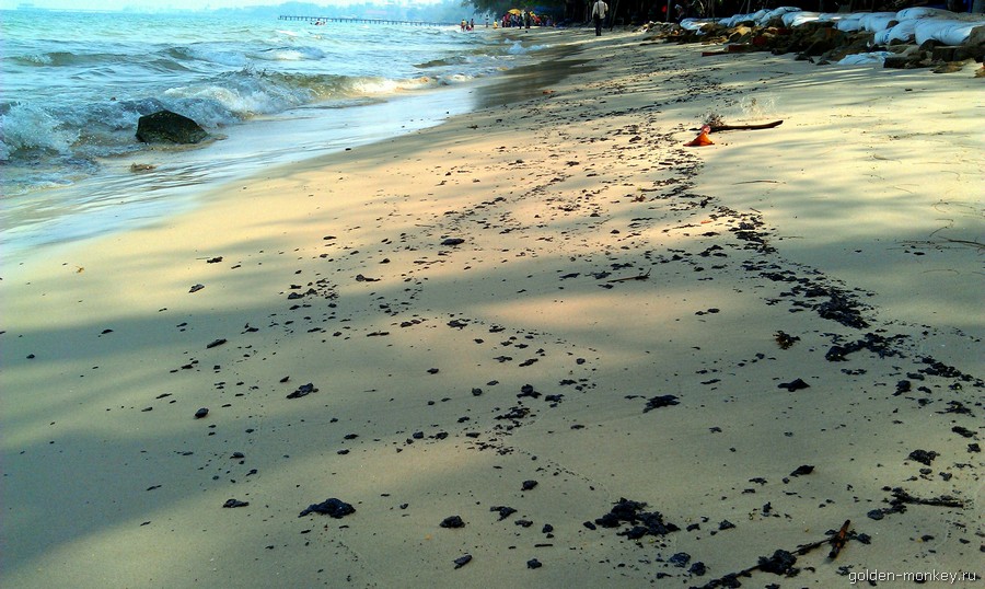 Примерно так выглядит берег на пляже Гаваи. Вот это черненькое от шлепанцев он не оттирается никакими известными способами (мои так и пришлось выбросить). Так что думайте сами, решайте сами, стоит ли сюда вообще заходить.