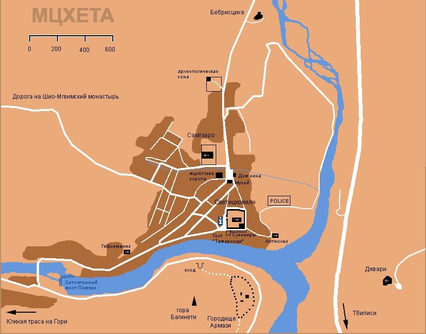 Схема города Мцхета с достопримечательностями, Грузия.