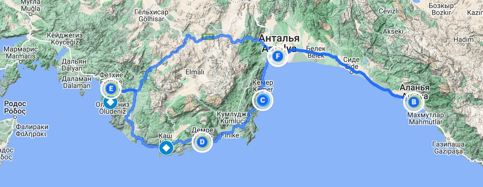 Схема маршрута по югу Турции