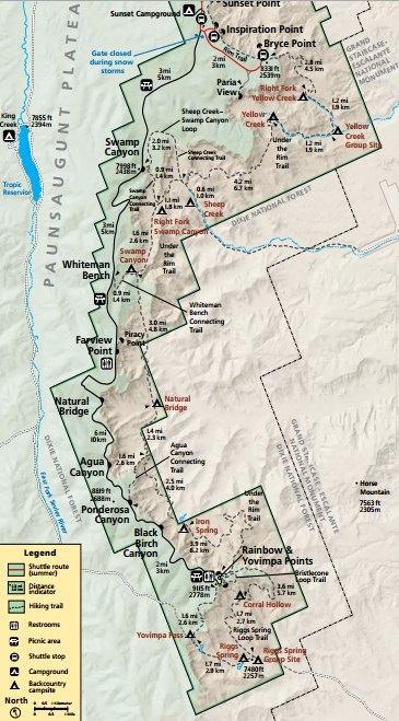 Схема с расположение кемпингов в бэккантри в пределах национального парка Брайс-Каньон