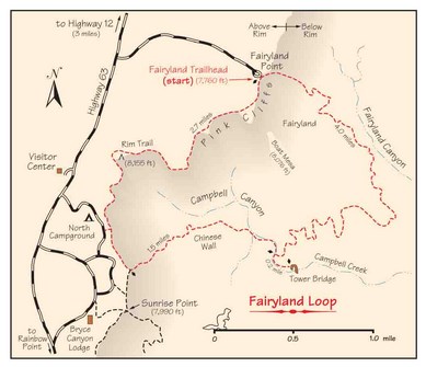 Трейл Fairyland Loop на карте, Национальный парк Брайс-Каньон
