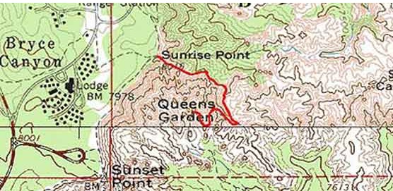 Трейл Queen's Garden на карте, национальный парк Брайс-Каньон
