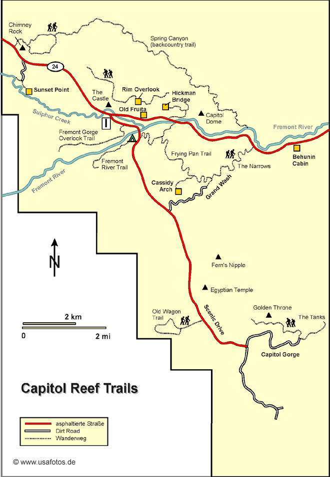 Схема трейлов района Фрута, национальный парк Капитол-Риф, США