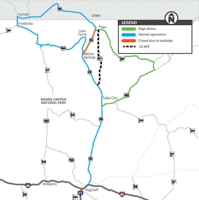 Схема вариантов объезда ремонтируемого участка шоссе 89 с целью попасть в Пейдж