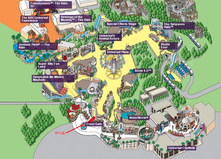 Схема парка развлечений Universal Studios Hollywood, Лос-Анджелес