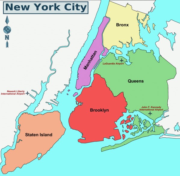 Схема деления Нью-Йорка на пять районов.