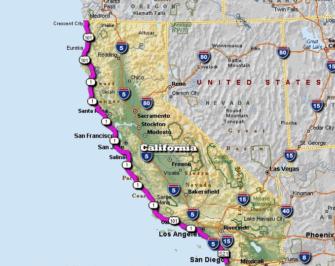 Схема Тихоокеанского шоссе, Калифорния, США.