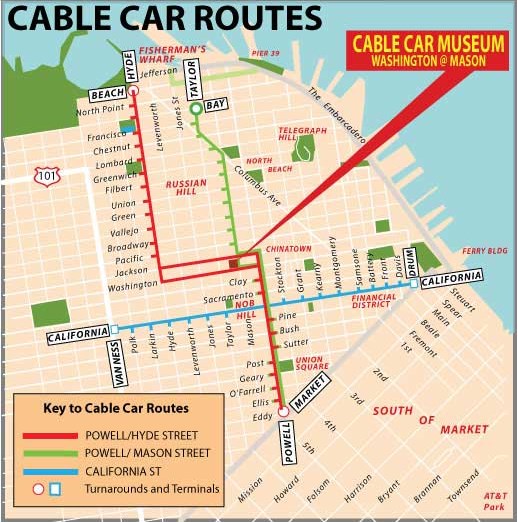 Схема маршрутов кабельных трамваев в Сан-Франциско
