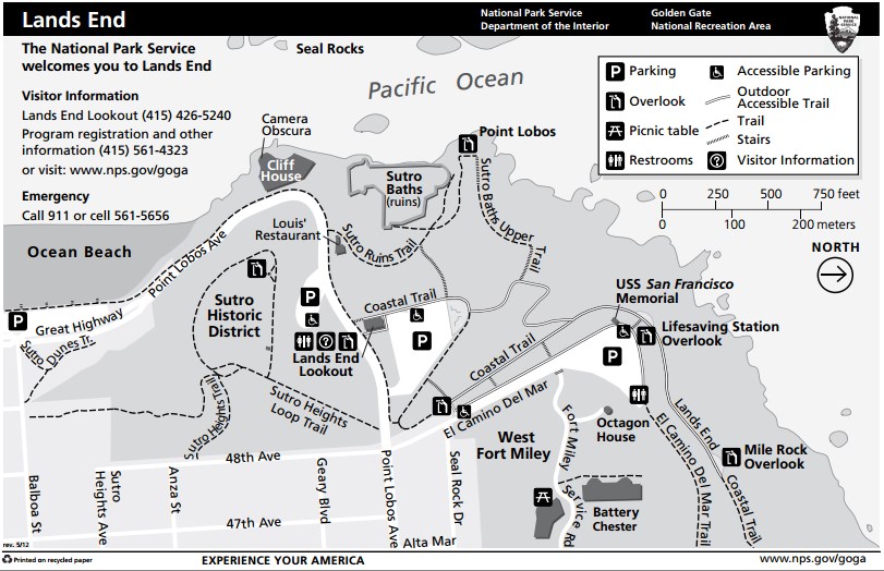 Схема района и расположения достопримечательностей в Lands End, Сан-Франциско.