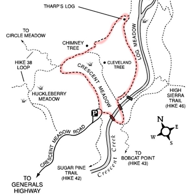 Схема Crescent Meadow Trail, парк Секвойя, США.