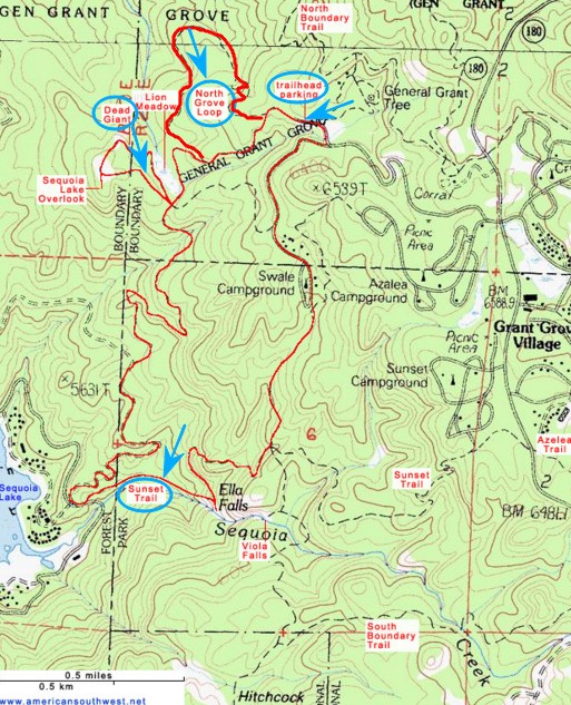 Трейлы района Грант-Грув (Grant Grove Trail System) На карте, Парк Кингз-Каньон, США.