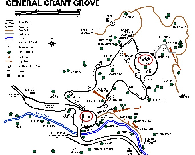 General Grant Tree (Дерево Генерал Грант) и трейл на карте, парк Кингз-Каньон, Калифорния, США.