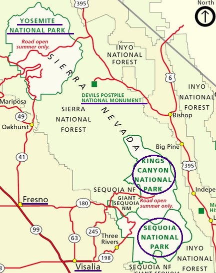 Расположение парков Секвойя и Кингз-Каньон на карте.
