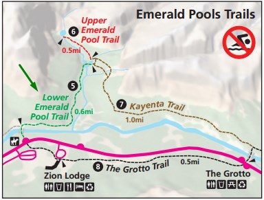 Схема расположения трейла Lower Emerald Pool, национальный парк Зайон