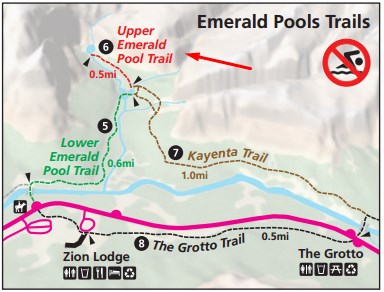 Схема расположения трейла Upper Emerald Pool, национальный парк Зайон