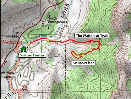 Трейл Watchman Trail на карте, национальный парк Зайон